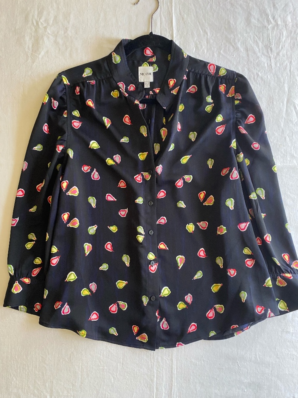 Nic + Zoe Party Pears Long Sleeve Button Up Blouse Black Size Large